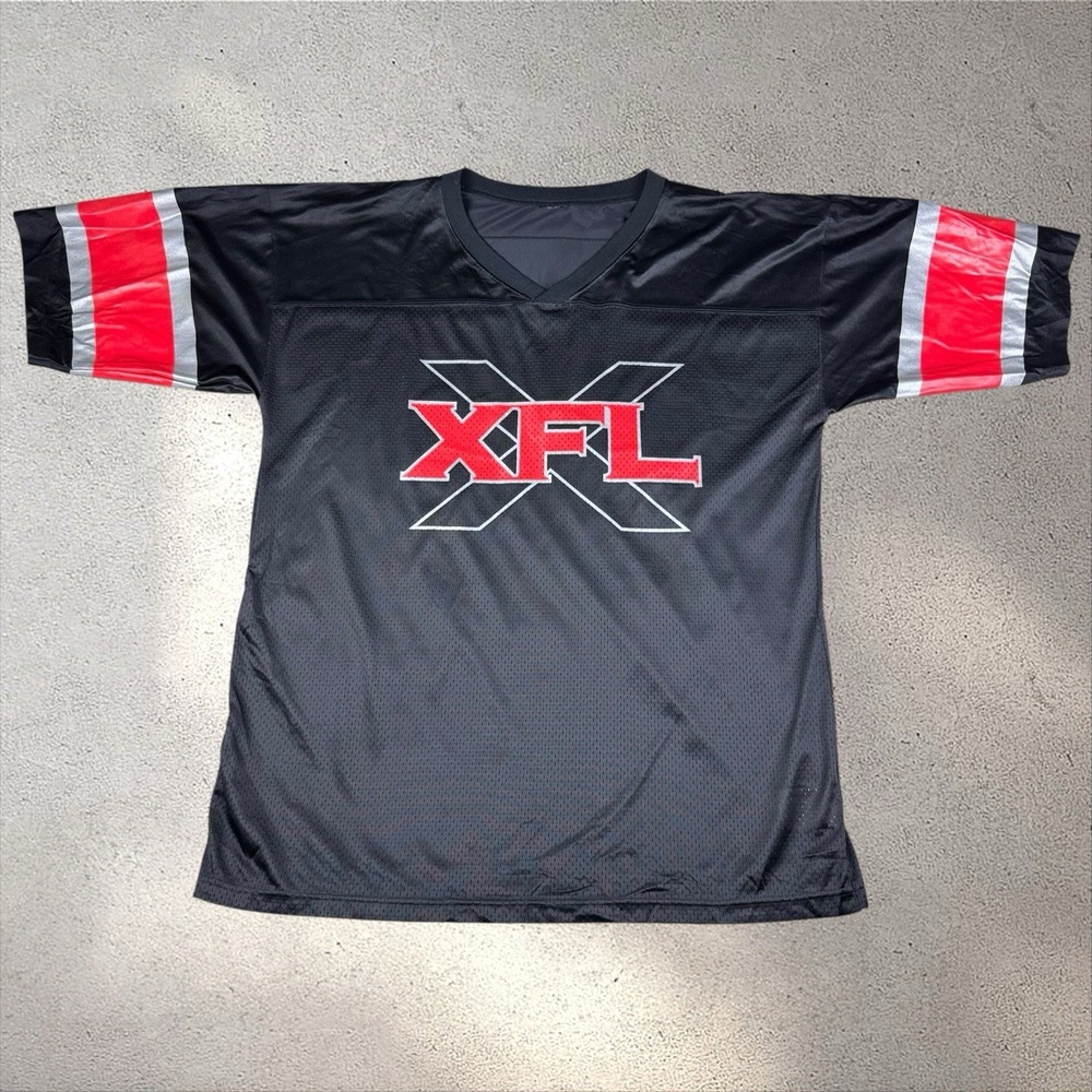 Vintage 2001 XFL Promo Jersey XXL Black Logo Football Stripes Sleeve WWE WWF Tag